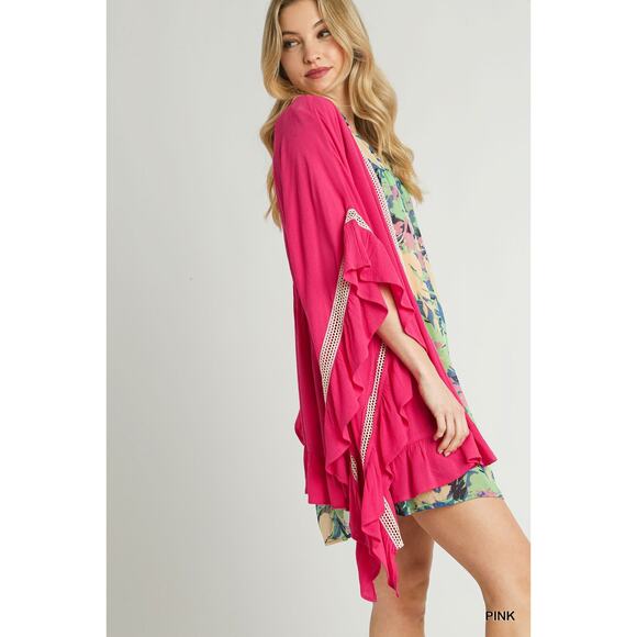 Umgee Ruffle Trim Delicate Crochet Lace Accents Loose Open Front Kimono | Pink - Picture 3 of 5